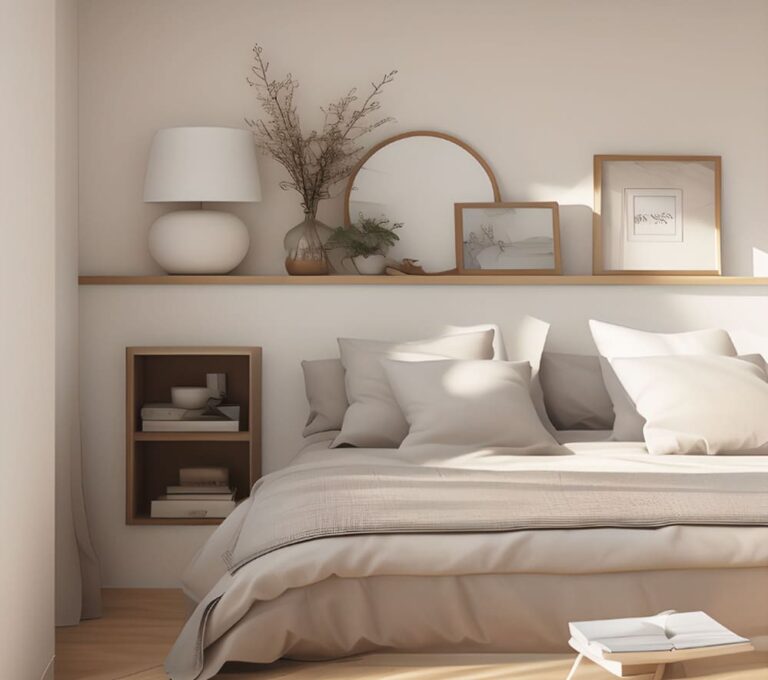 Chambre minimaliste aux tons beiges réalisée par un décorateur d'intérieur à Paris