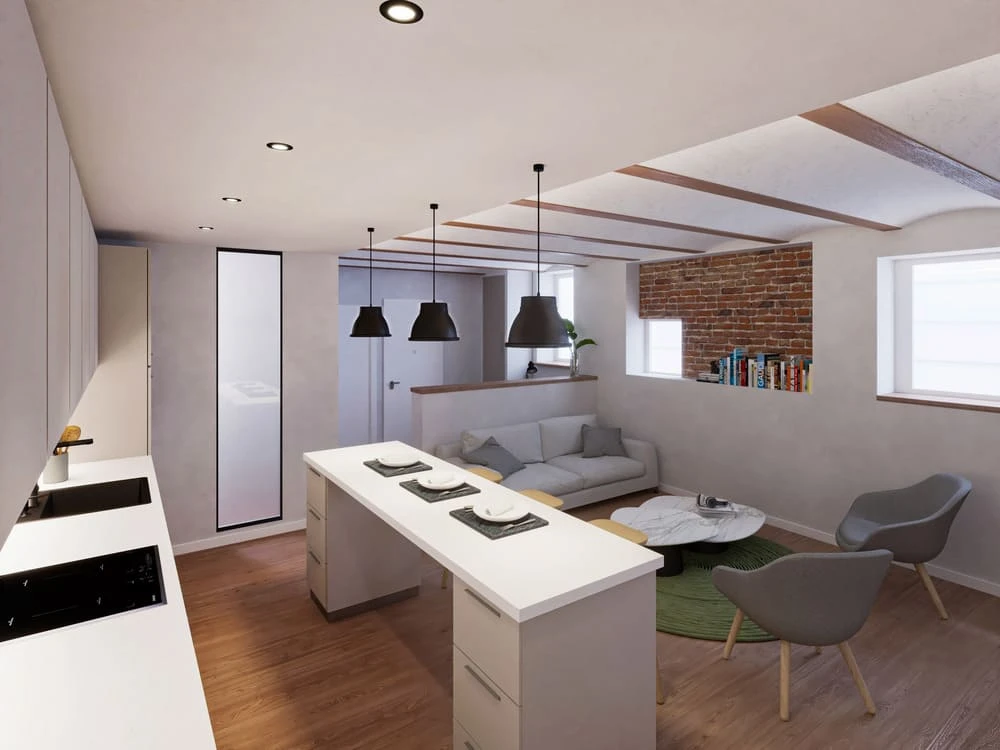 vue 3d rénovation appartement Paris, pièce à vivre avec cuisine ouverte et îlot central