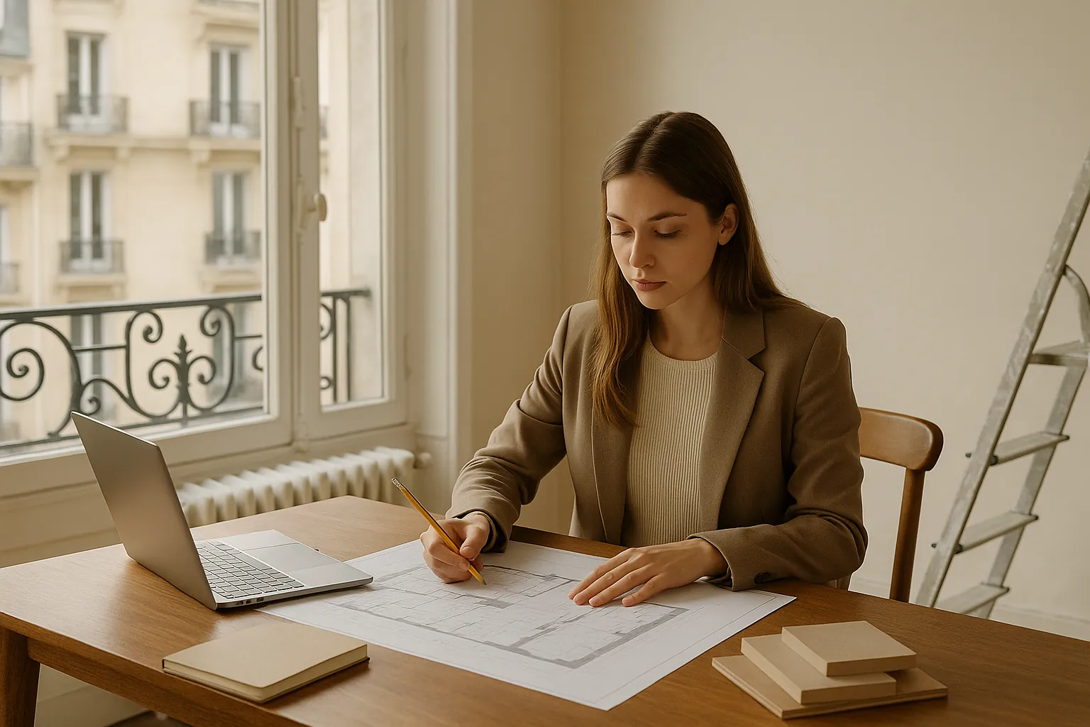 Plans d'architecture d'intérieur, échantillons de matières et outils de dessin disposés sur un bureau lumineux